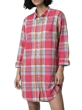 Lauren Ralph Lauren Medium Coral Pink Plaid Button Up Tunic Top or Nightgown